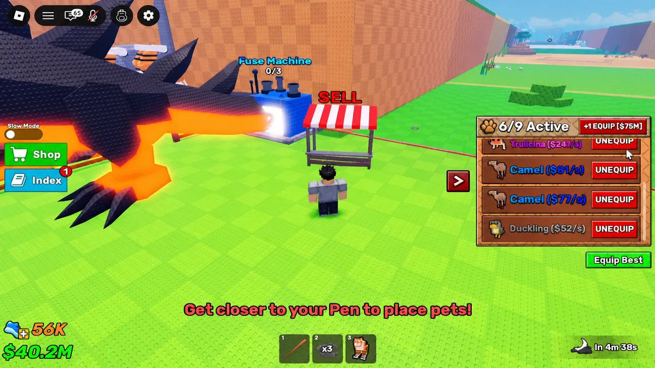 Pet panel showing 6/9 Active while the player moves closer to the pen to place pets