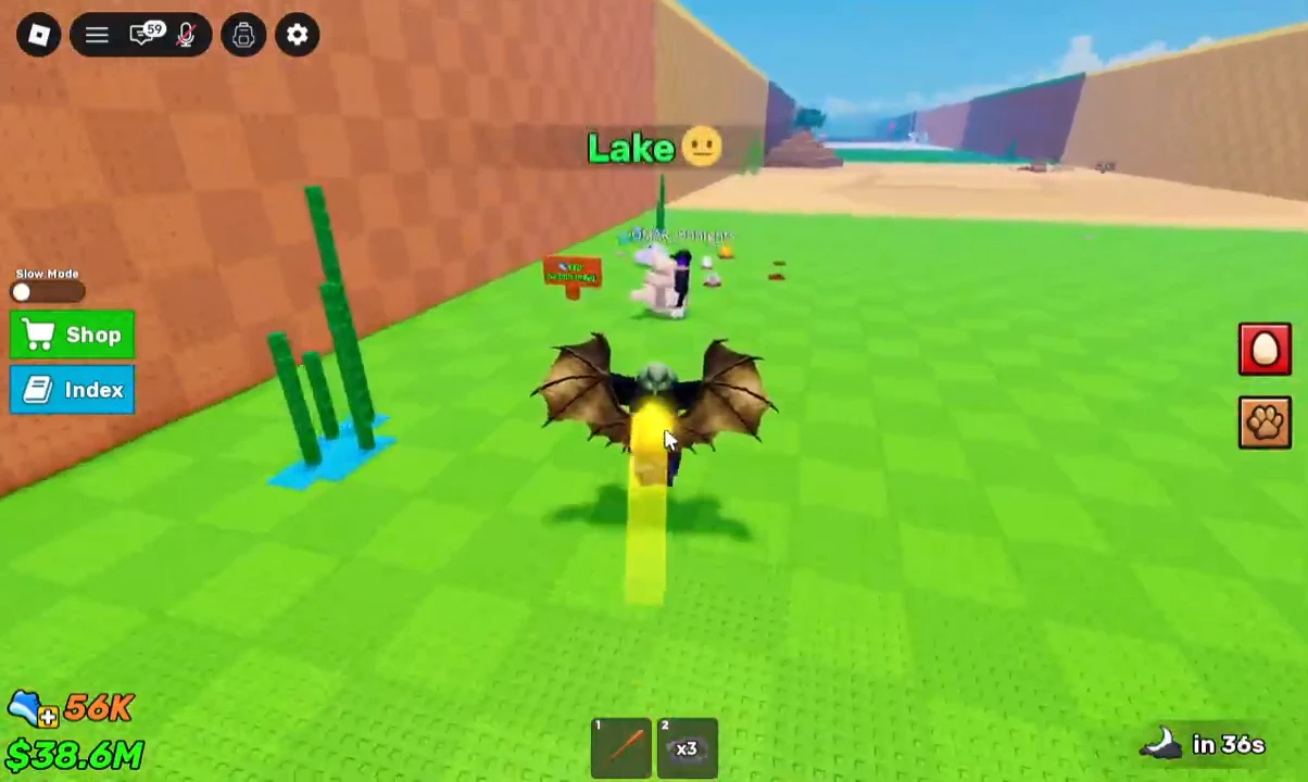 Winged avatar flying toward the Lake biome sign to grab an egg