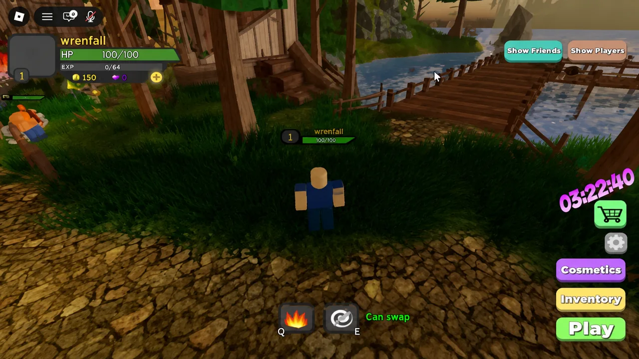 Dungeon Quest Reborn lobby village with the game HUD and Play button on screen