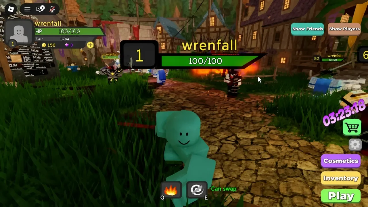 Player character standing on the stone path through the Dungeon Quest Reborn lobby village