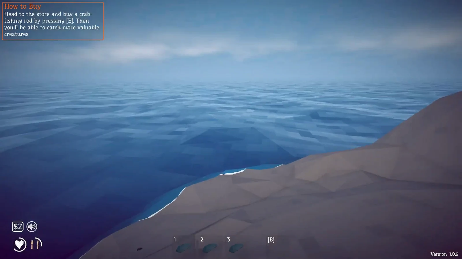 How to Buy tutorial overlay telling the player to visit the store and press E for a crab-fishing rod