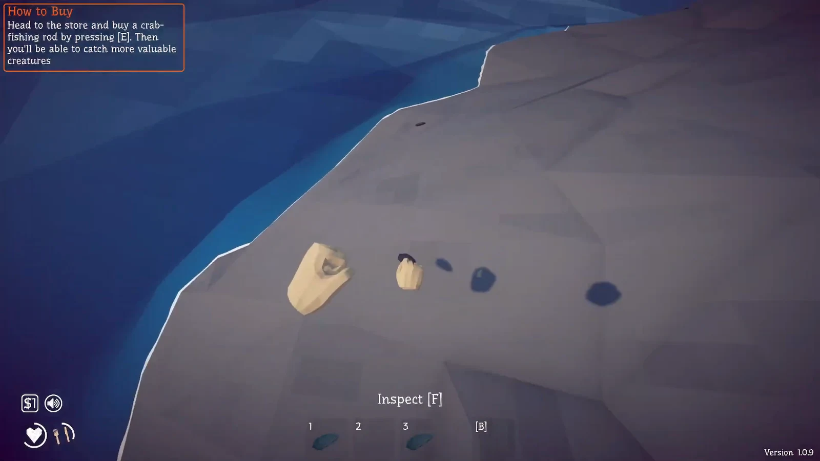 Shoreline item with the Inspect [F] prompt while the How to Buy tutorial is active