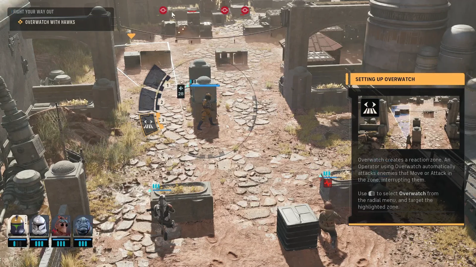 Radial menu open with the Overwatch action selected and the reaction cone highlighted on the map