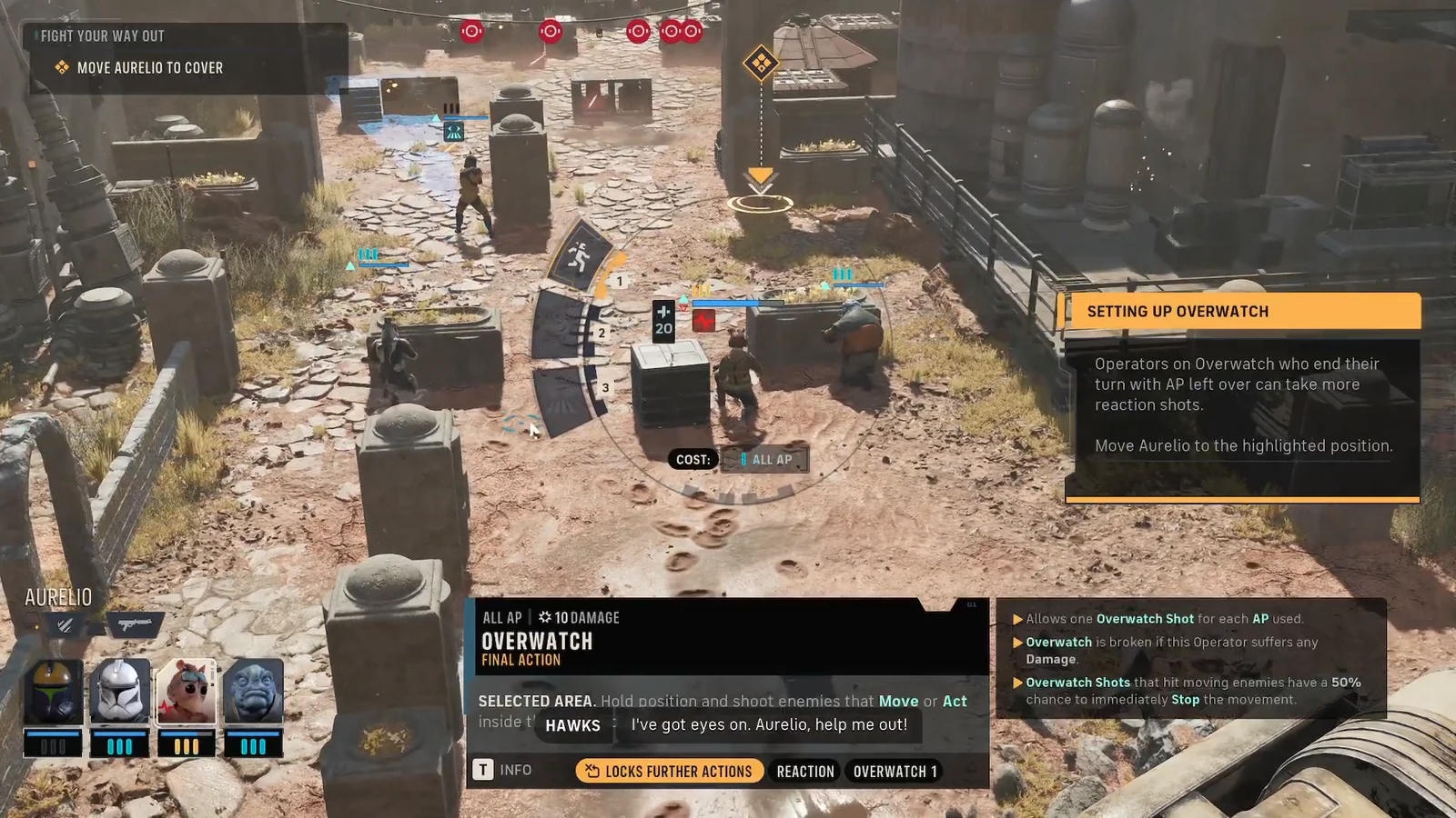 Aurelio being moved to the highlighted cover spot to set a second Overwatch angle