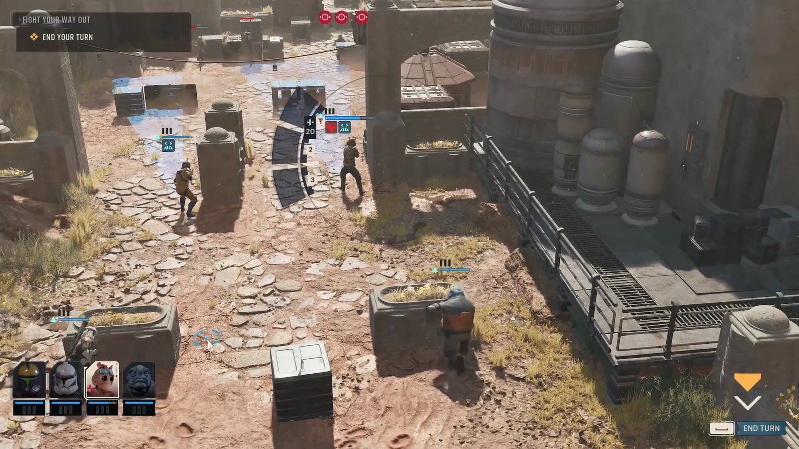 The Fight Your Way Out objective active with the End Turn button highlighted