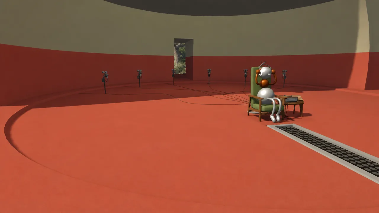 Seated robot beside a desk in a testing room with wired cameras and a floor conveyor