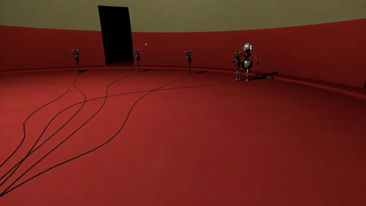 Red-walled dome interior with a small robot standing among cameras and trailing cables