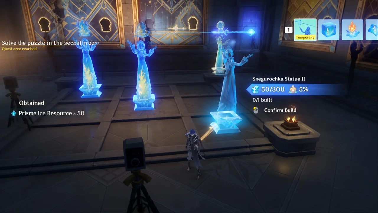 Puzzle screen showing Snegurochka Statue II selected with a Confirm Build option using Prism Ice Resource