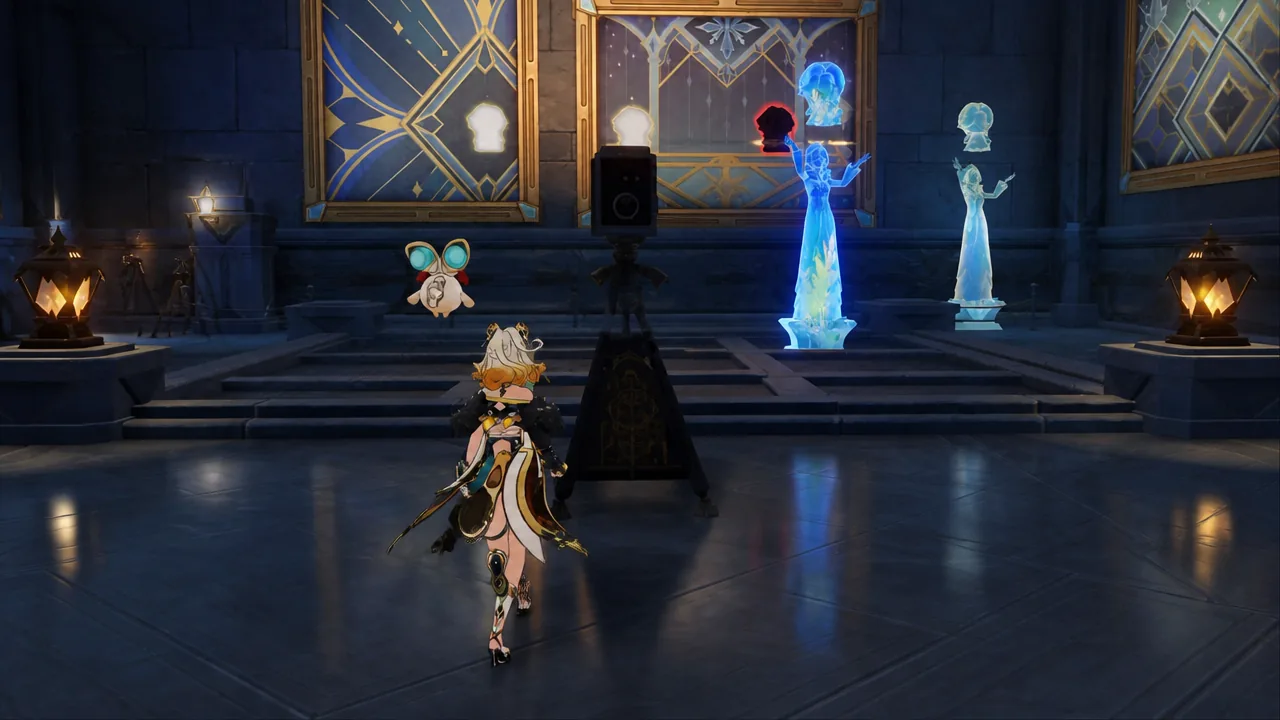 Player character walking up to a central black pedestal in a hall lit by glowing blue statues