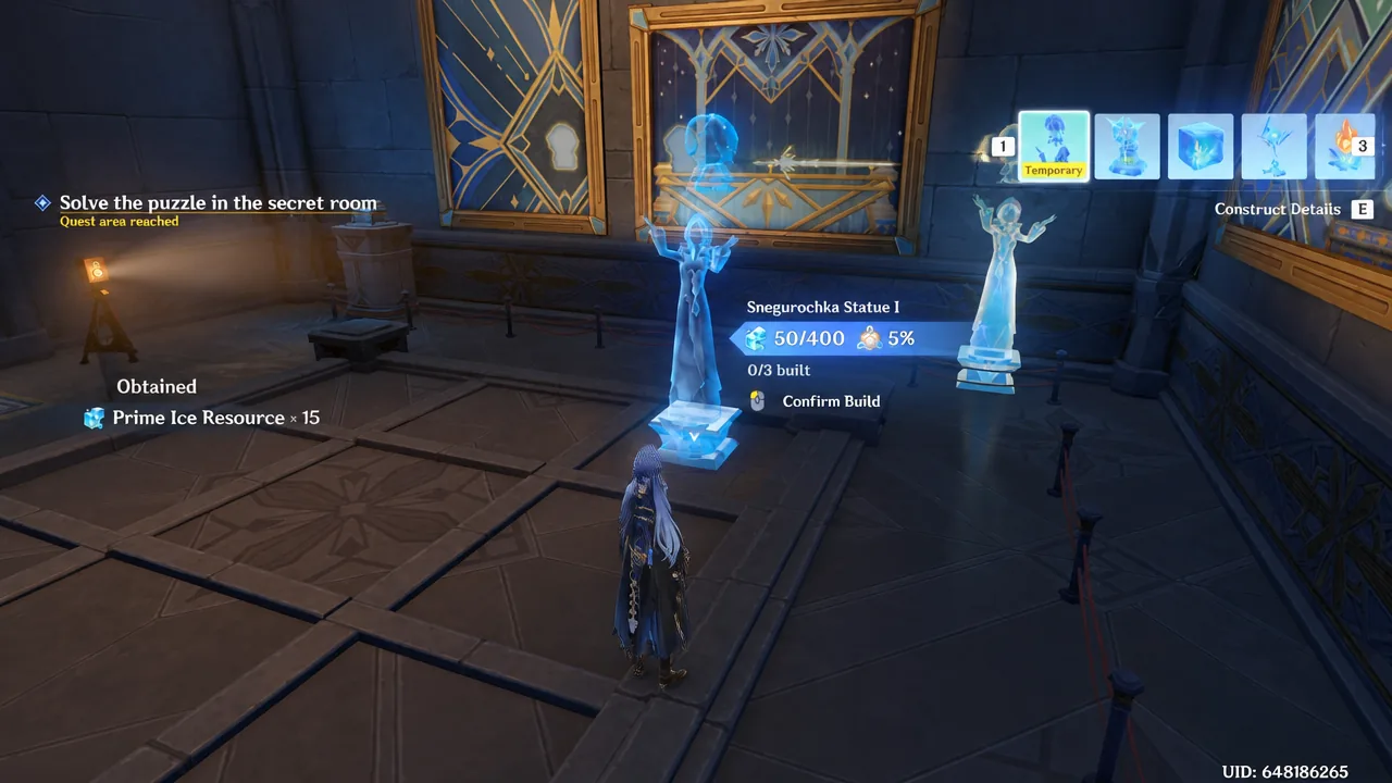 Construct Details screen showing Snegurochka Statue I ready to build for 50 Prime Ice Resource