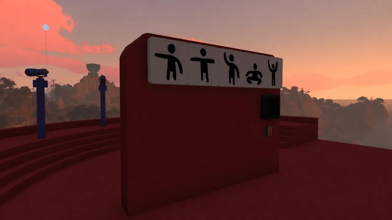 Red gesture console showing five pictographic pose symbols above a dark panel and yellow button