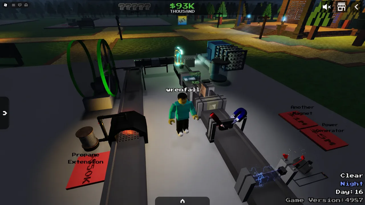 Player inspecting a power generator alongside magnet and propane extension machinery