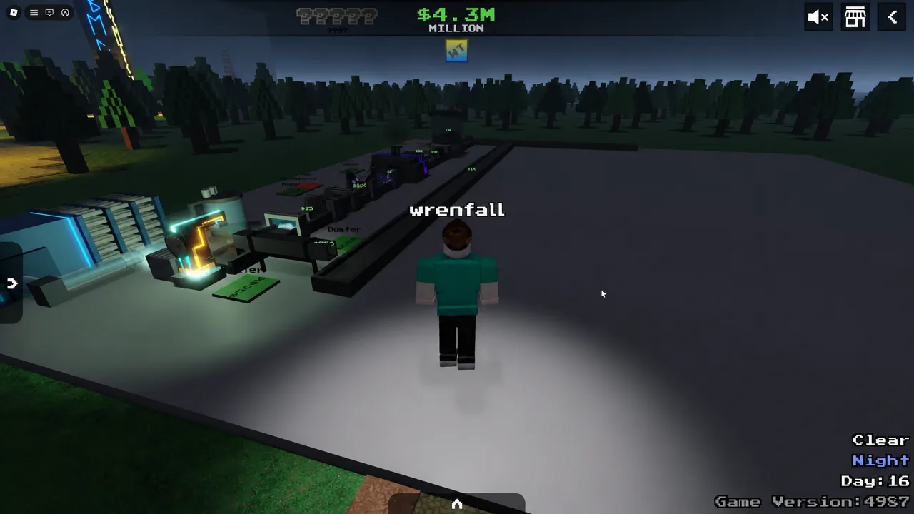 Player standing beside a row of factory machines during a clear night with the cash counter visible on screen