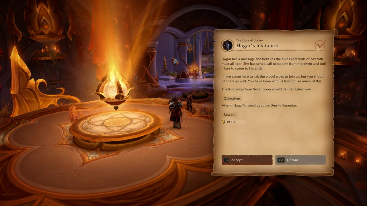 Hagar's Invitation quest dialog with the Accept button selected