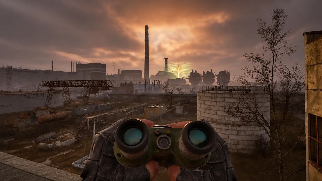 Scouting an industrial complex in the Zone through binoculars before heading in
