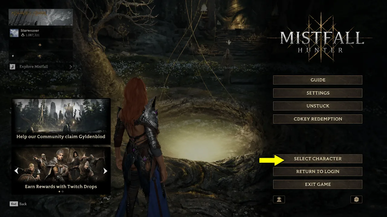 Mistfall Hunter option to select new character in the game