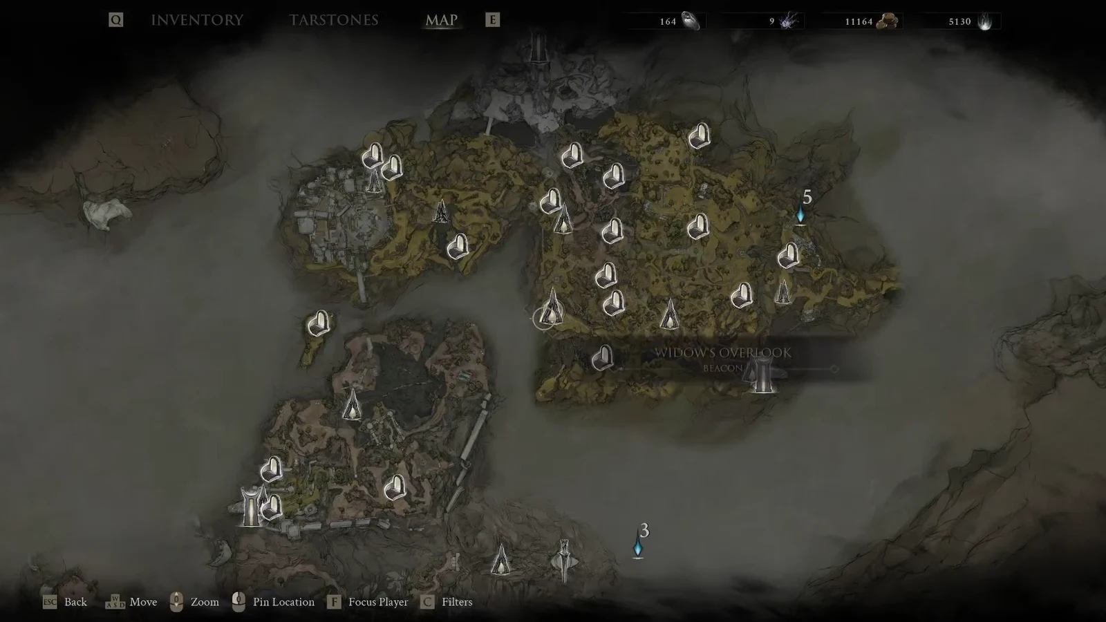 Map screen highlighting the Widow's Overlook beacon in Fainweald
