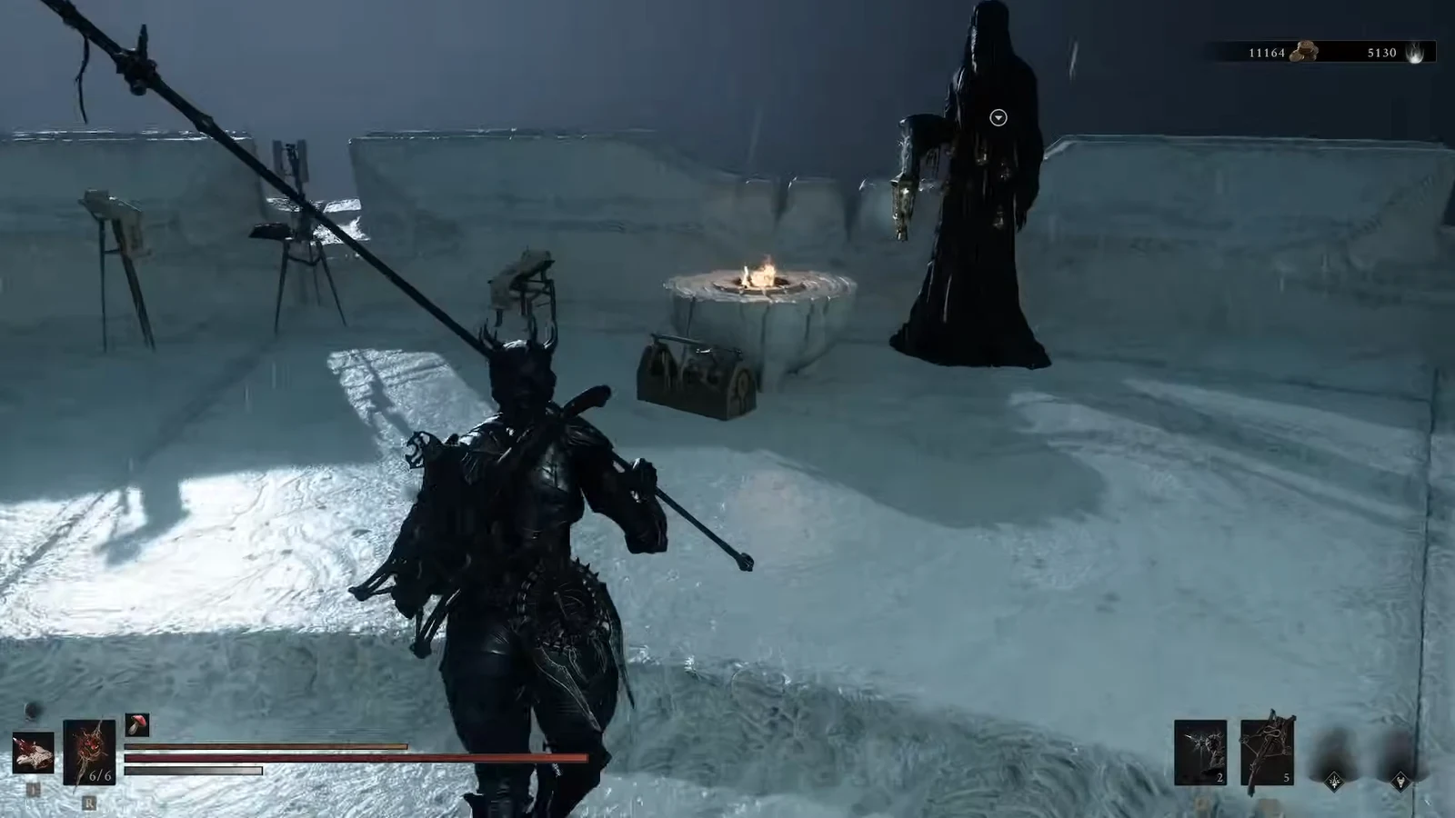 Character approaching a hooded NPC beside a lit brazier and chest atop Marrow Keep