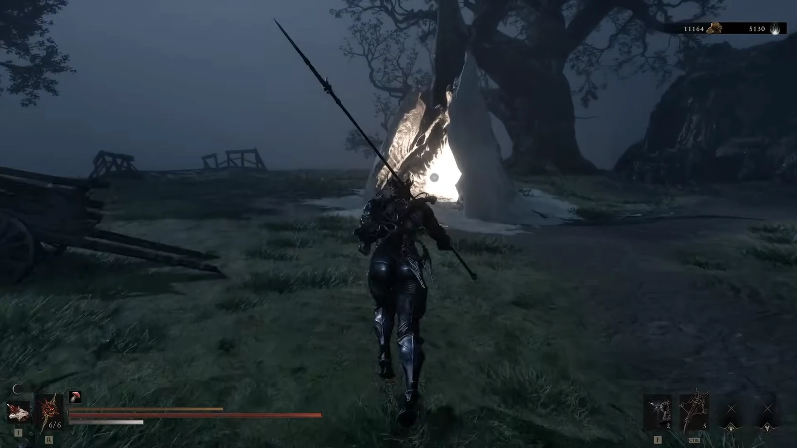 Armored character running toward a glowing tree with weapon and health HUD visible