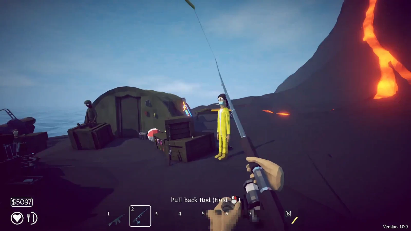 Fishing near the lava-filled Volcano island with the rod equipped and Pull Back Rod prompt showing