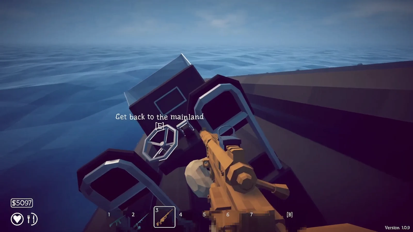 Get back to the mainland prompt shown while aiming at the boat's steering wheel