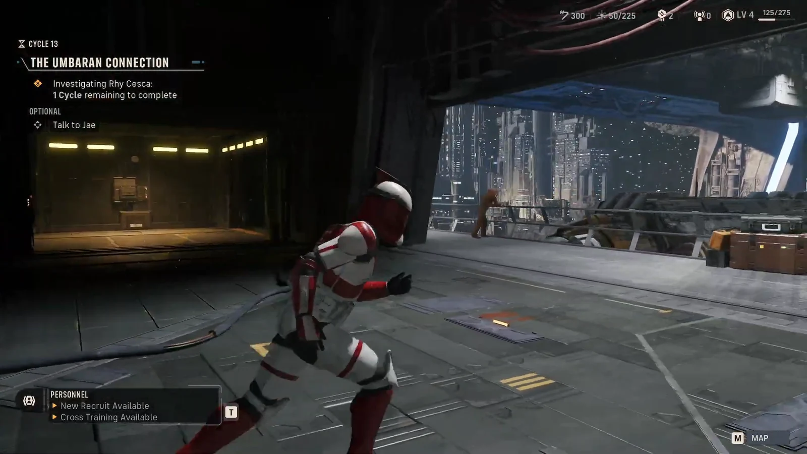 Hawks running through the Den corridors with the Talk to Jae optional objective on the HUD