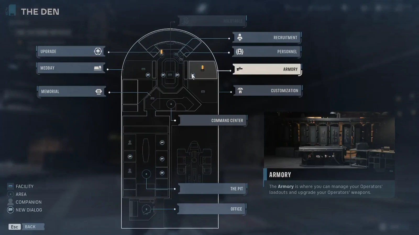 The Den facility map with a room highlighted and the base layout listed around it