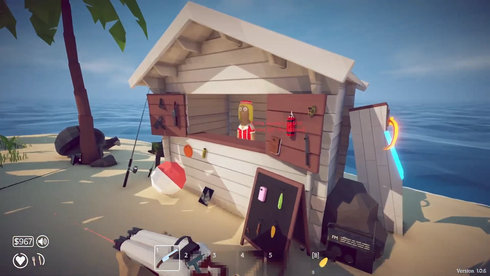 First-person view at a beach shop counter with a bow in weapon slot 1