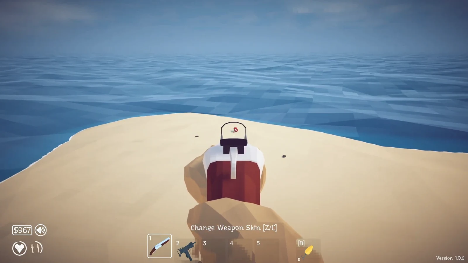 Aiming down sights at a distant beach target with weapon slot 1 selected