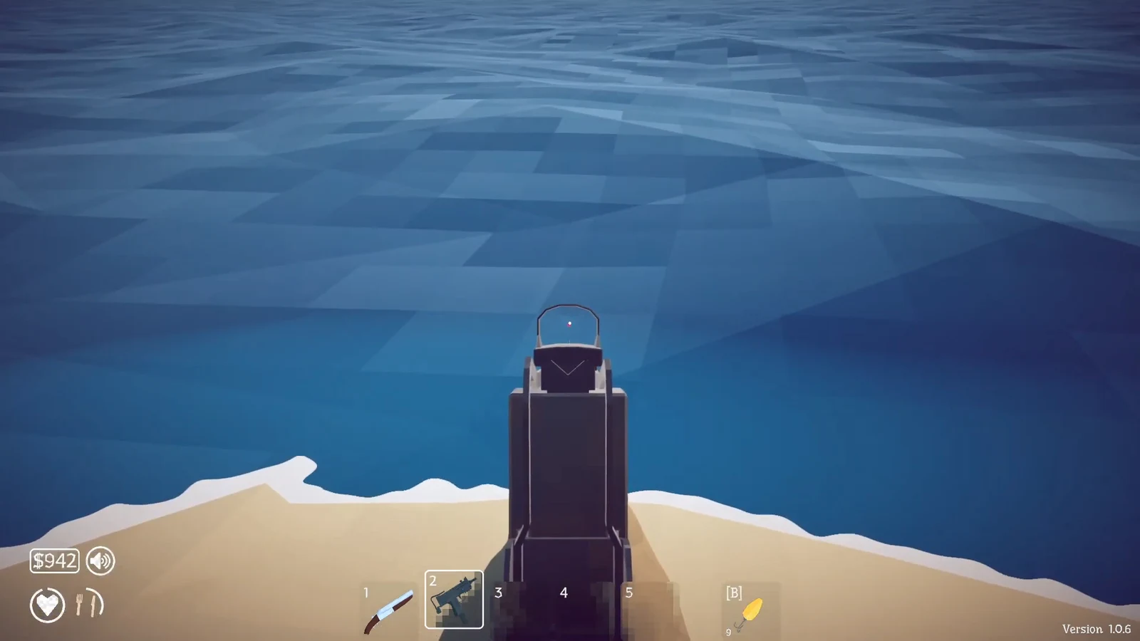 Aiming a submachine gun from weapon slot 2 toward open water