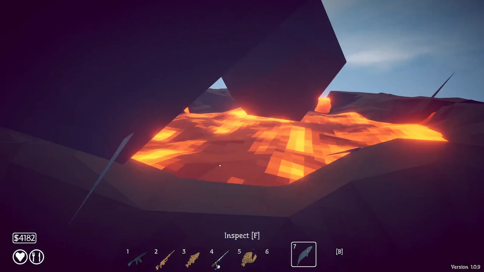 Player aiming at a glowing lava-filled crater at the volcano summit with an inspect prompt on screen