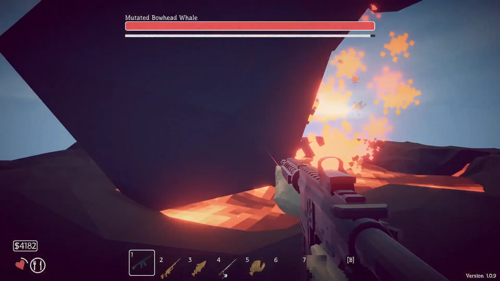 Mutated Bowhead Whale boss health bar visible while a rifle fires during the final fight
