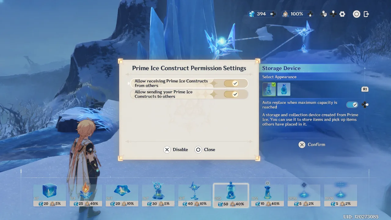 The menu toggle for activating constructs in your world or not in Genshin Impact