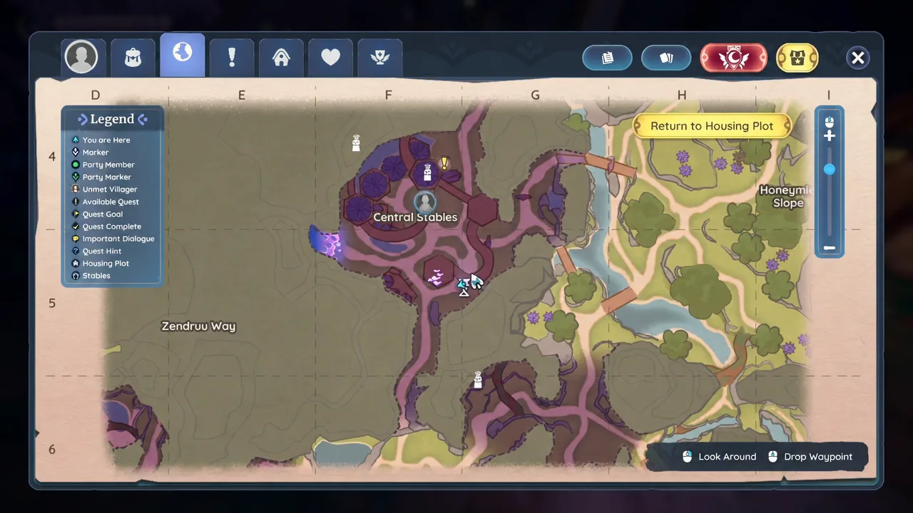 The Palia world map open on the Central Stables area with the player marker nearby