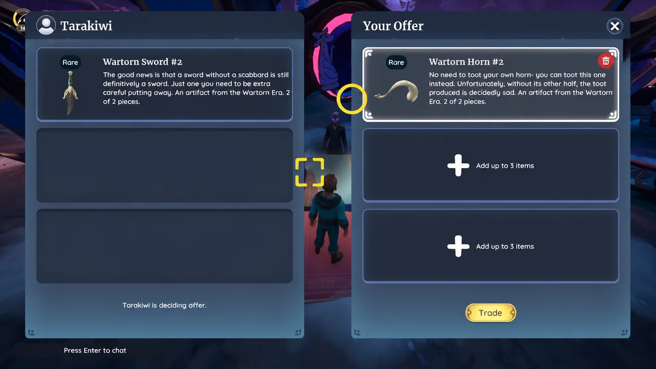 The Your Offer trade panel with the Wartorn Horn #2 artifact selected before finalizing