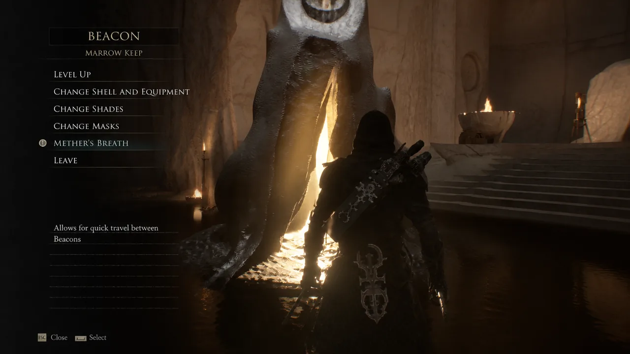 Beacon Marrow Keep menu with Mether's Breath selected and its travel description shown