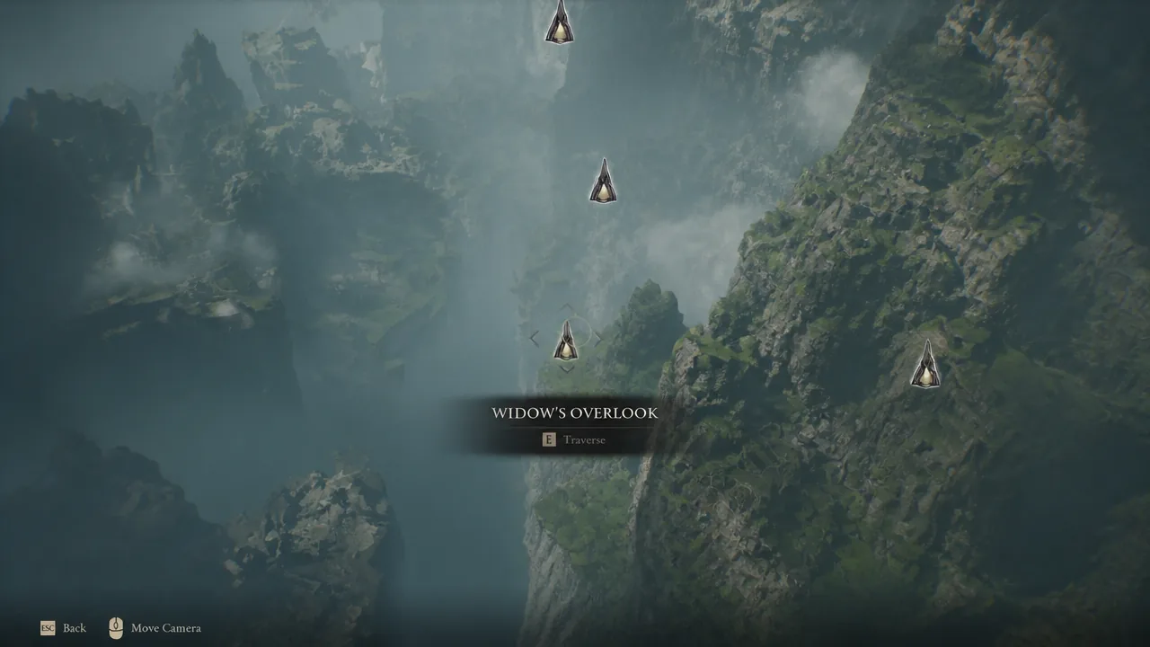 World map with Widow's Overlook highlighted and a key prompt to travel there