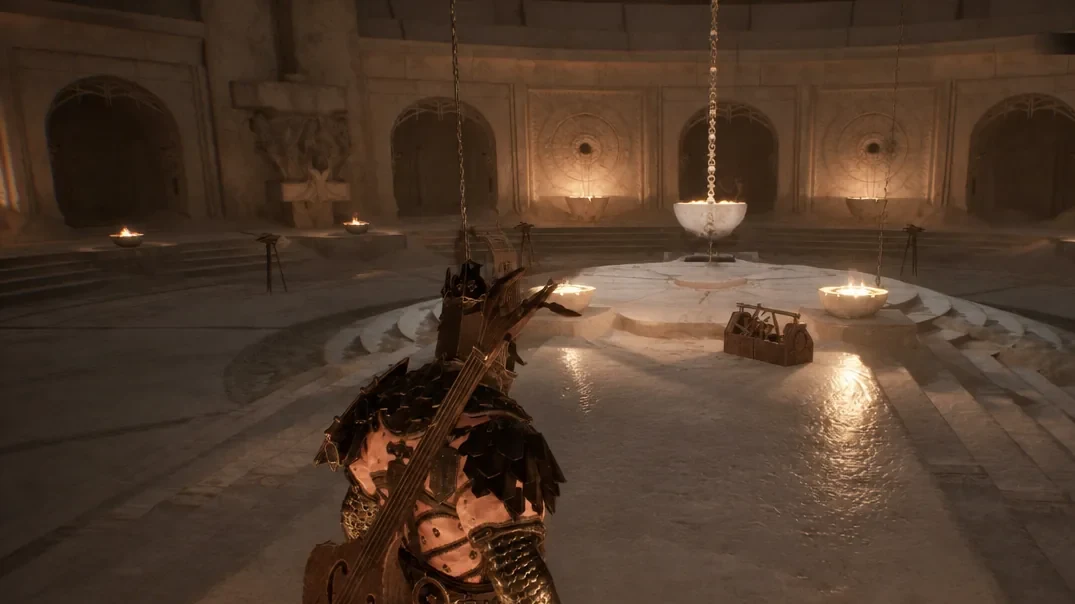 Harbinger approaches a candlelit Beacon altar with a suspended bowl and a supply crate