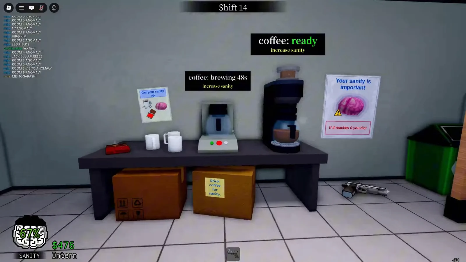 Coffee machine brewing in Animal Hospital with a 48-second sanity timer on screen