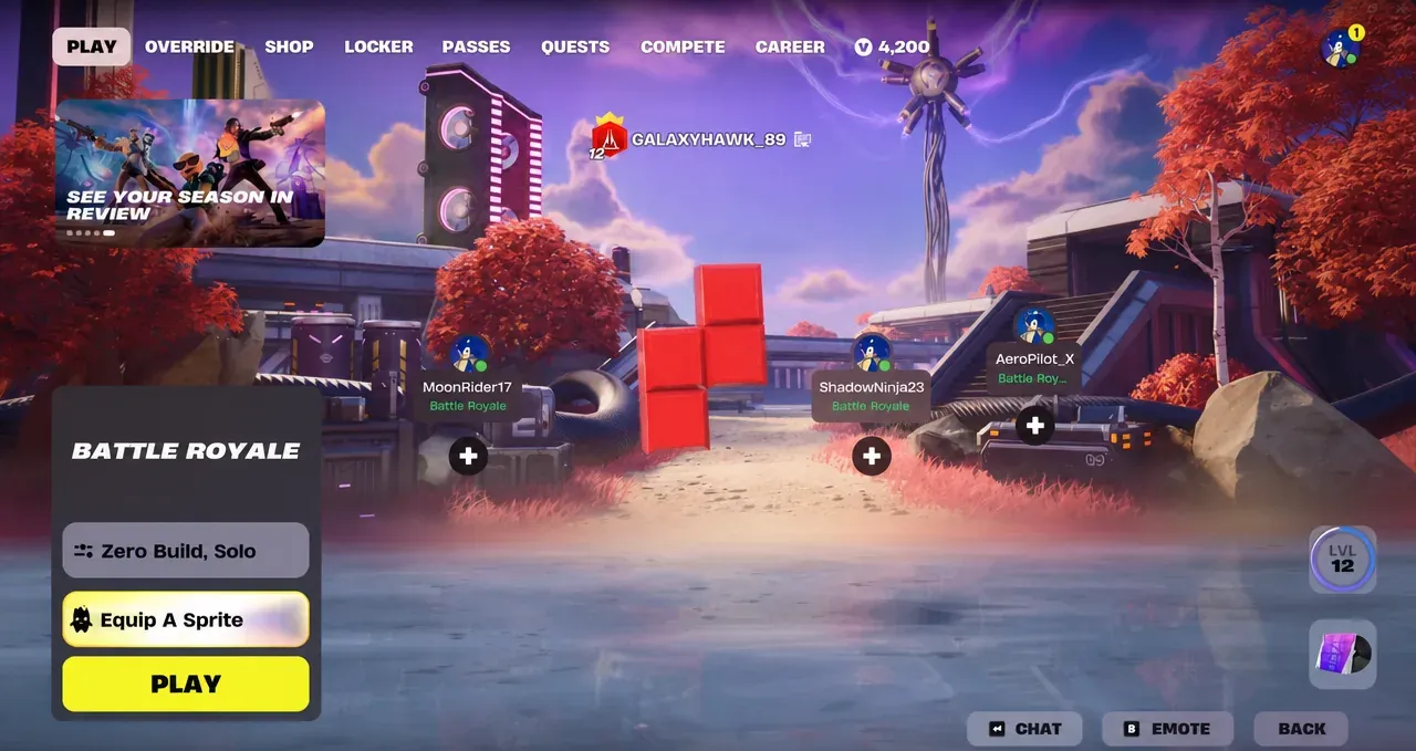 Fortnite Battle Royale lobby with the Equip A Sprite button highlighted before a match.