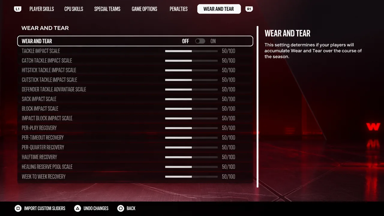 Wear and Tear settings screen with the toggle set to Off