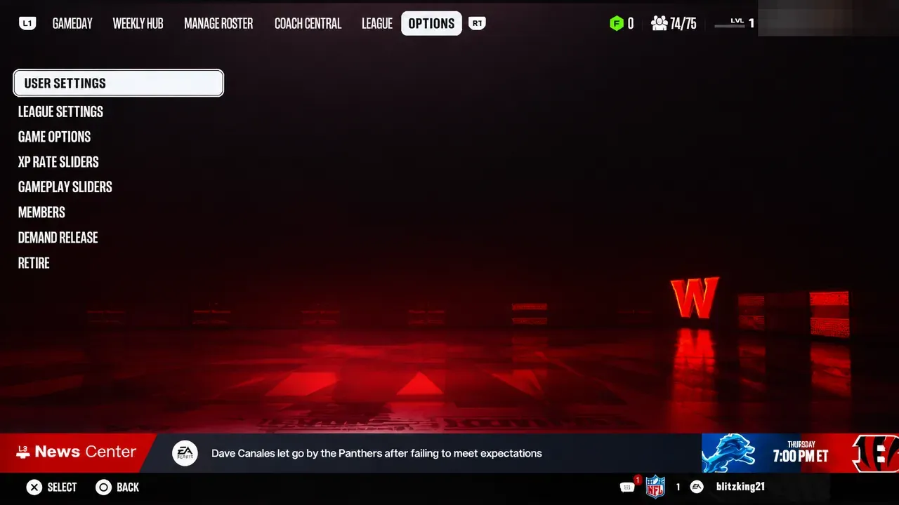 Options menu open with User Settings highlighted