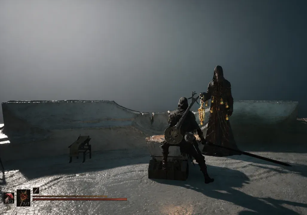 Player character standing before Thestus, a hooded NPC, on the roof of Marrow Keep