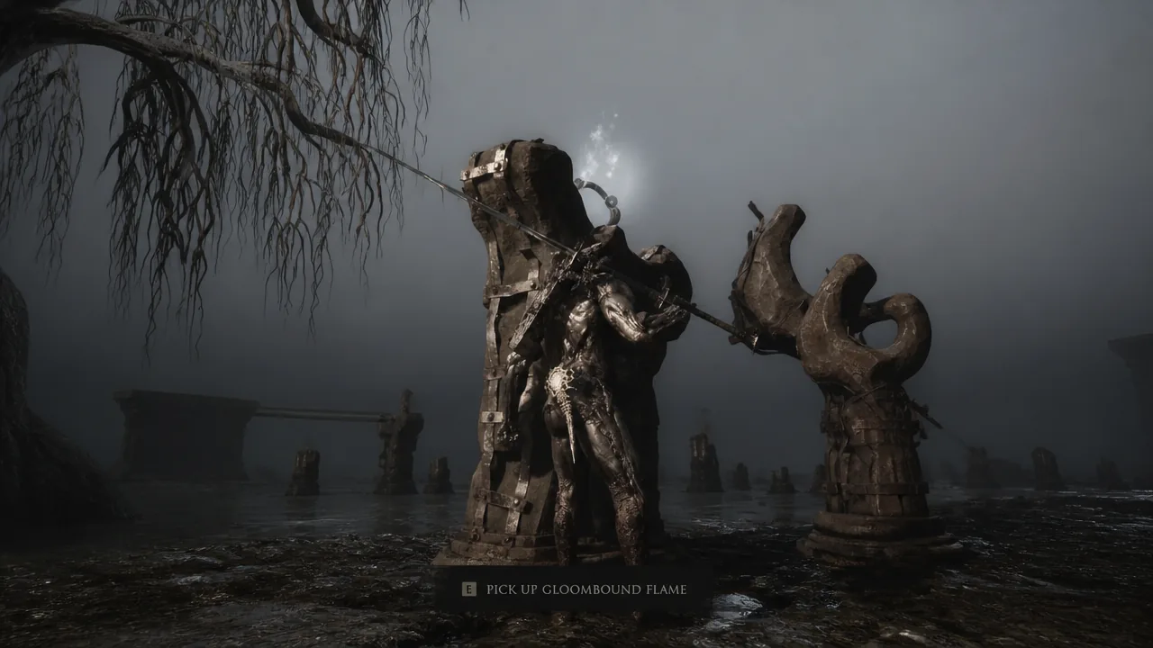 On-screen prompt to press E to pick up the Gloombound Flame from a stone stele