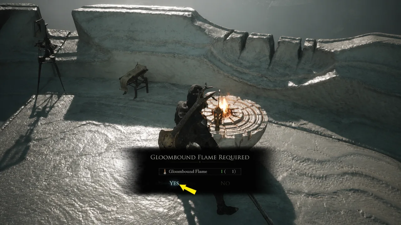 Gloombound Flame Required confirmation prompt with Yes highlighted at the tower altar