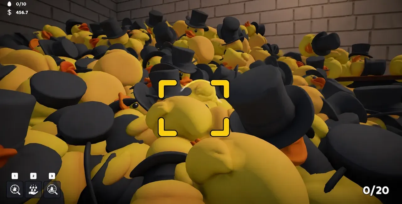 Pickup reticle aimed at a heap of unsorted rubber ducks in Sort Them Ducks
