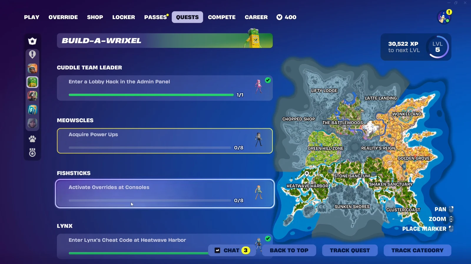Fishsticks quest to activate Overrides at Consoles showing 0 of 8 progress on the island map