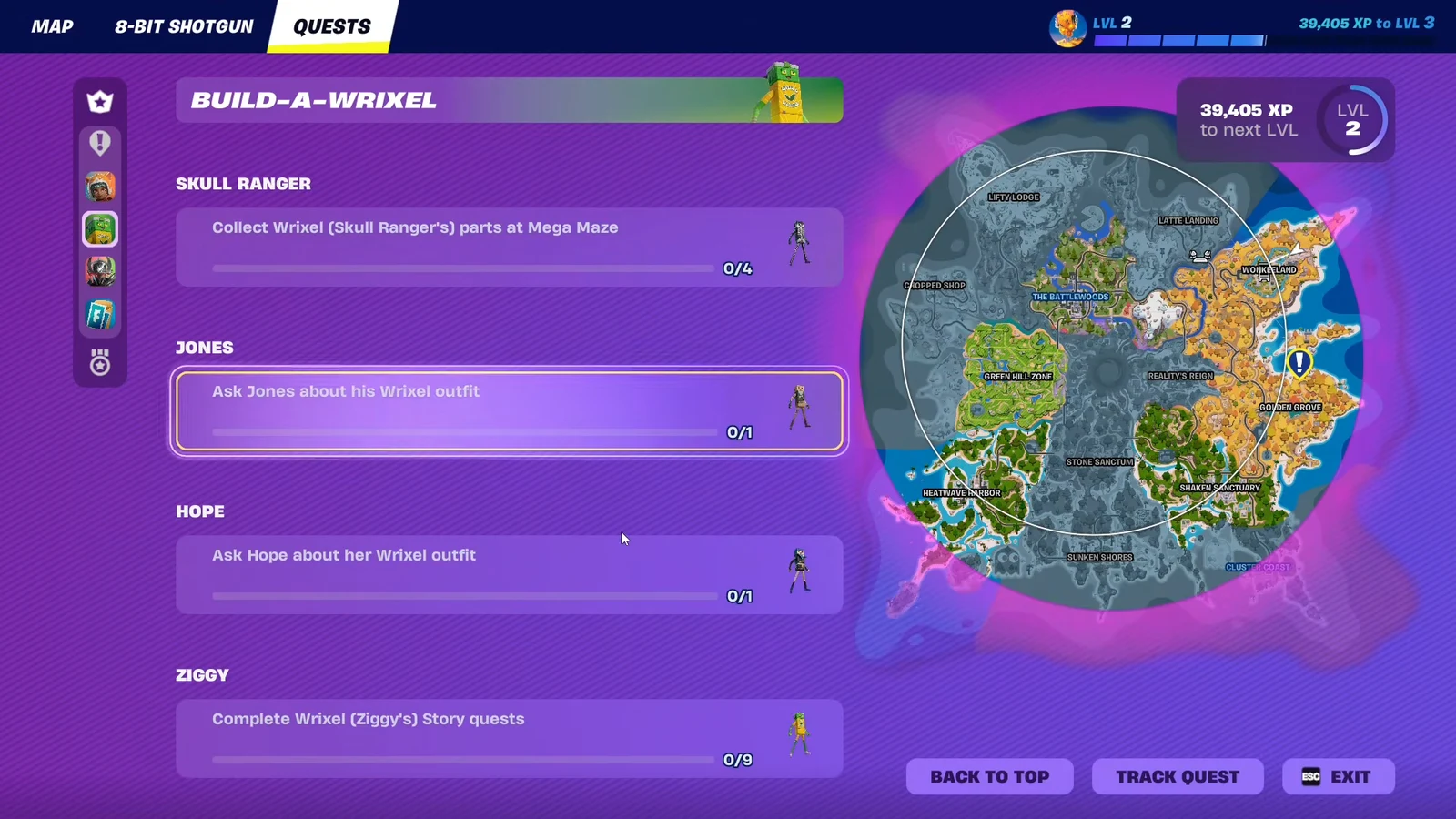 Quests screen with the Ask Jones about his Wrixel outfit objective selected and ready to track