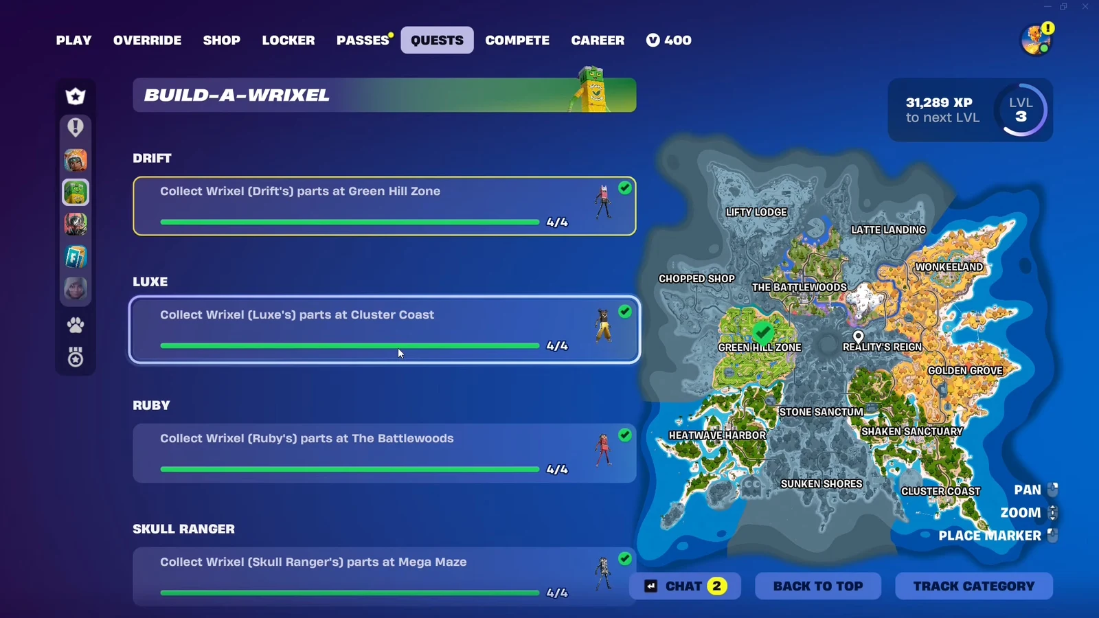 Build-a-Wrixel screen showing Luxe's completed part collection quest at Cluster Coast on the island map
