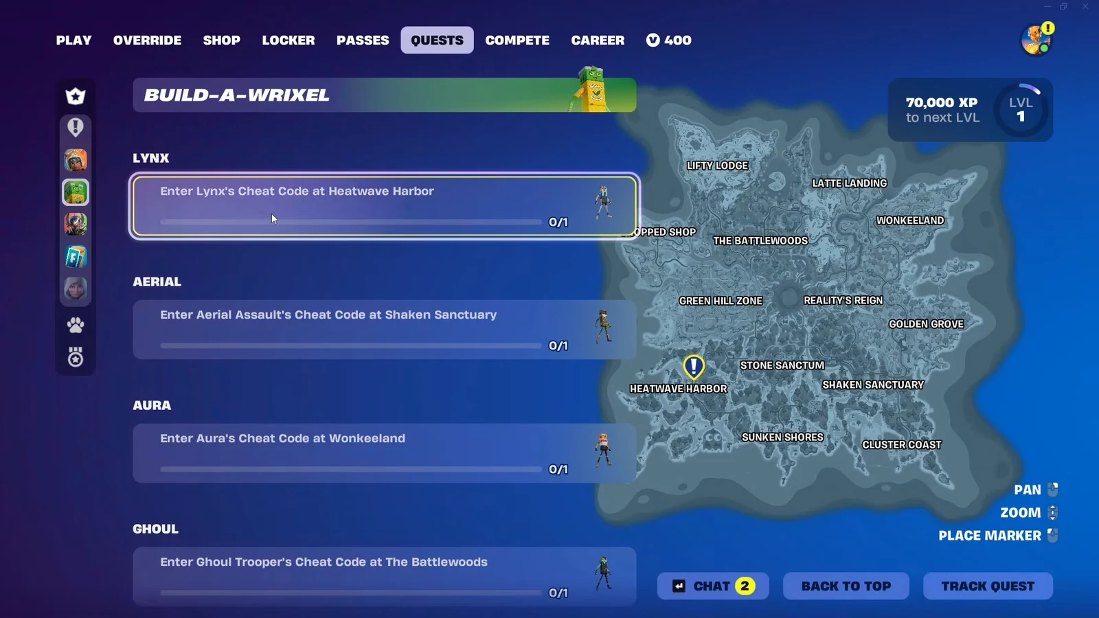 Quests screen highlighting Enter Lynx's Cheat Code at Heatwave Harbor with the POI marked on the map